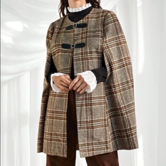 BOUTIQQUE Jackets & Blazers - Elegant Tartan Cape Buckle Strap Coat